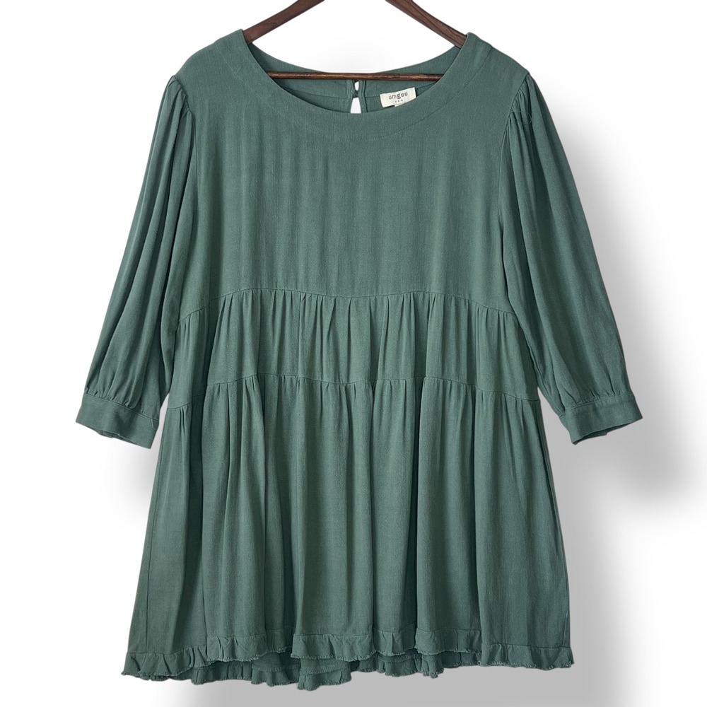 Umgee USA M Dress Tiered Ruffle Hem Green Linen‎ Blend Lagenlook Beach Coastal